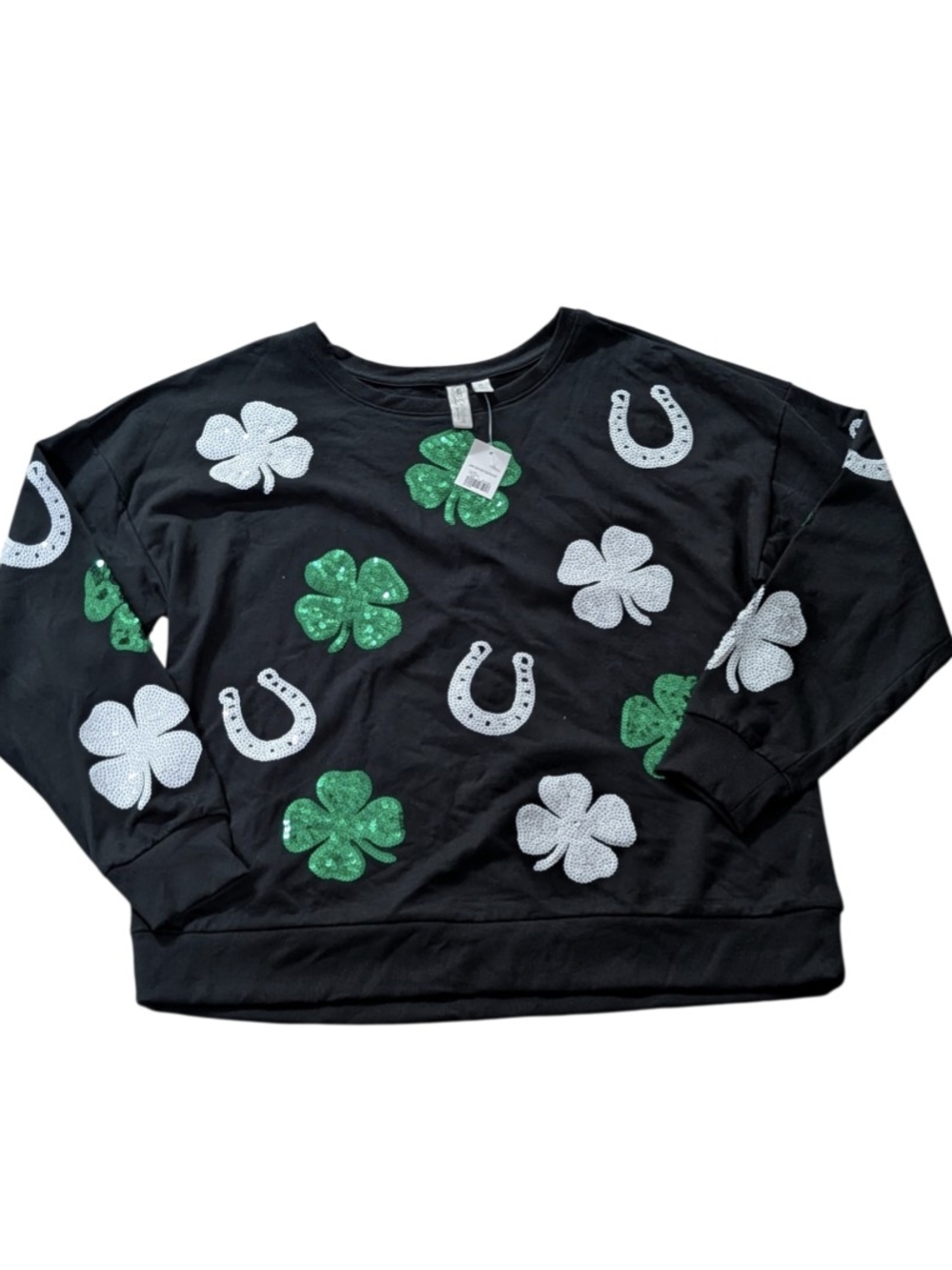 CATO Black Women's Sweater with Green & White Shamrock and Horseshoe Motif XL